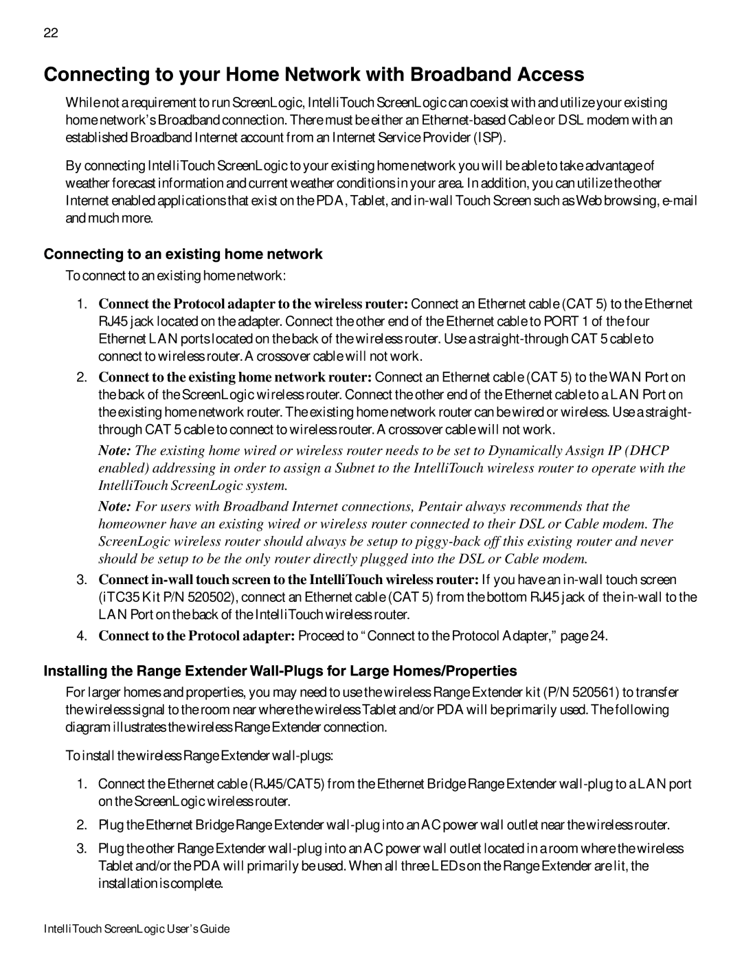 Pentair Intellitouch ScreenLogic manual Connecting to your Home Network with Broadband Access 