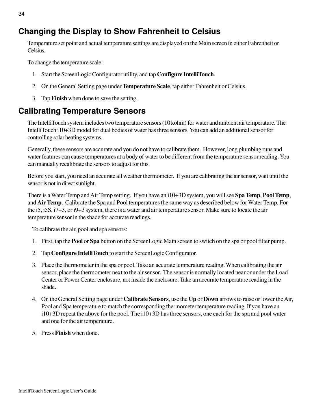 Pentair Intellitouch ScreenLogic manual Changing the Display to Show Fahrenheit to Celsius, Calibrating Temperature Sensors 