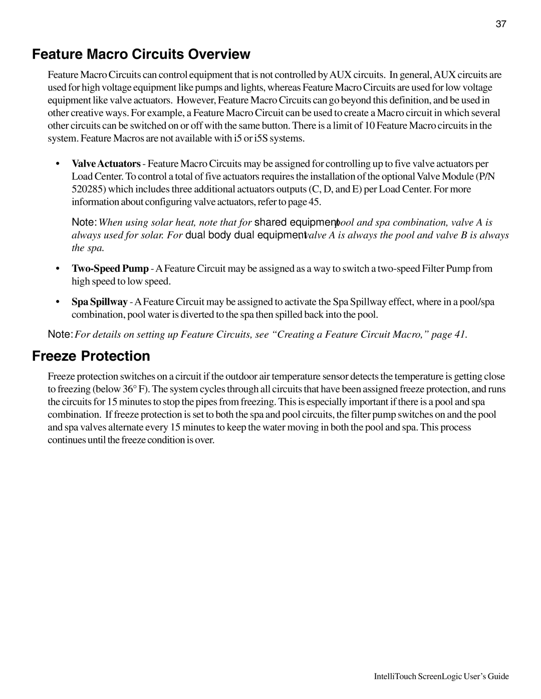 Pentair Intellitouch ScreenLogic manual Feature Macro Circuits Overview, Freeze Protection 