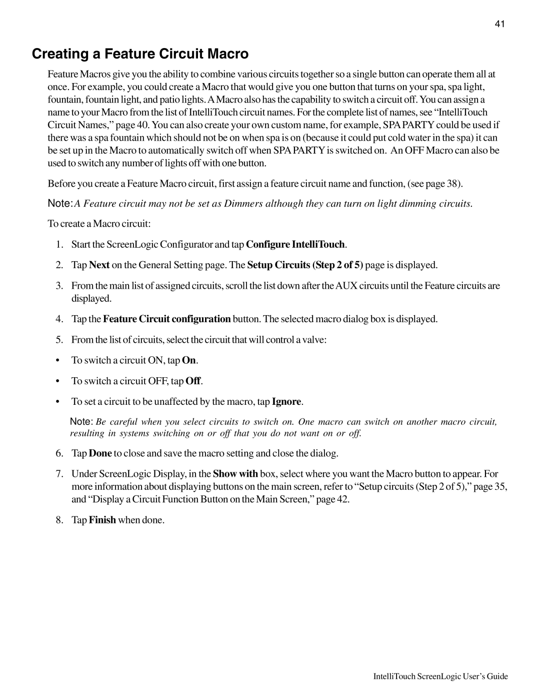 Pentair Intellitouch ScreenLogic manual Creating a Feature Circuit Macro 