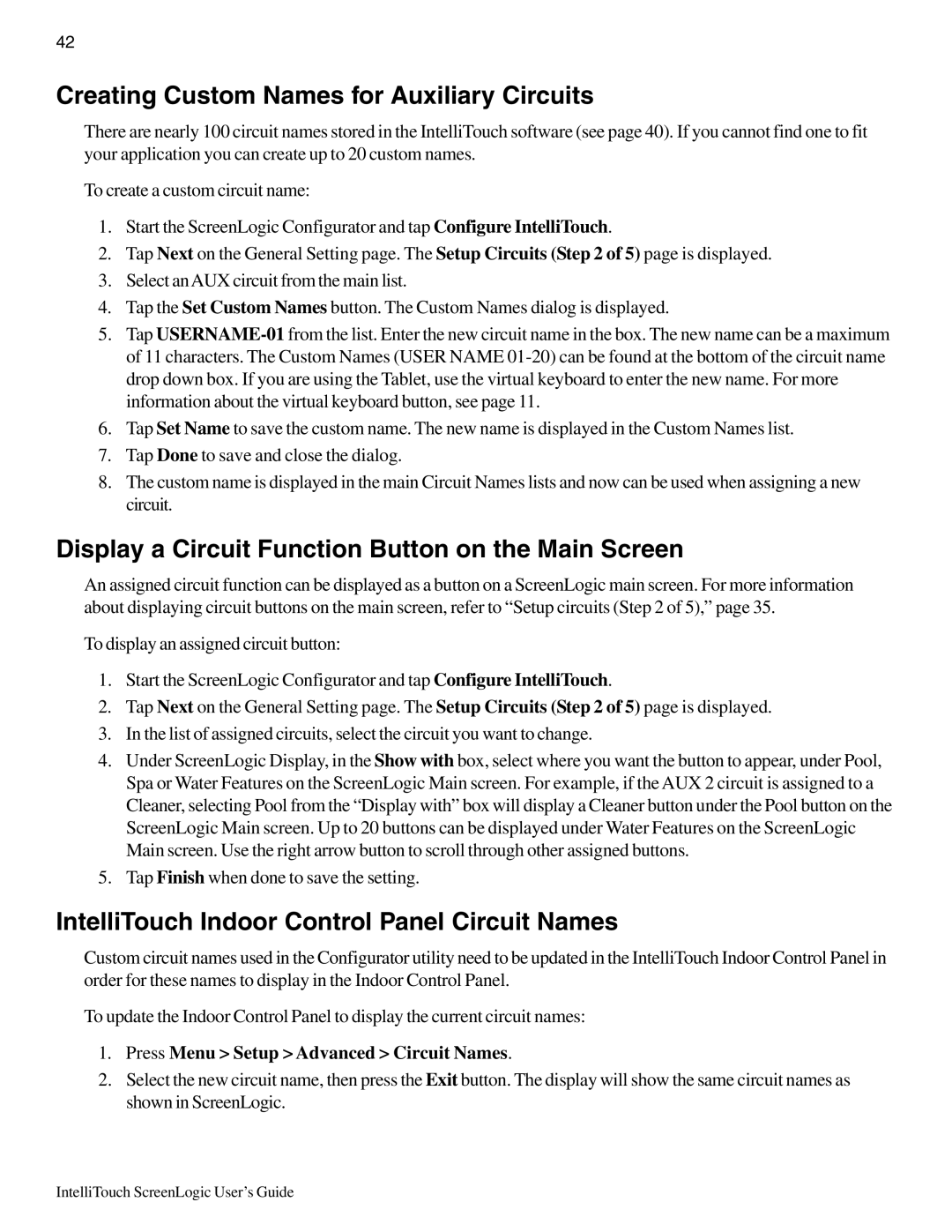 Pentair Intellitouch ScreenLogic manual Creating Custom Names for Auxiliary Circuits 