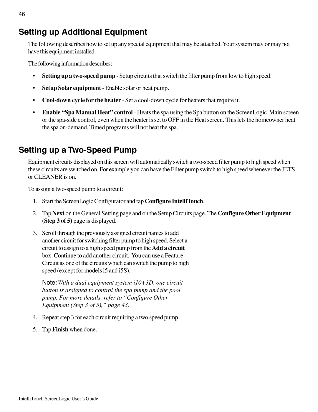 Pentair Intellitouch ScreenLogic manual Setting up Additional Equipment, Setting up a Two-Speed Pump 