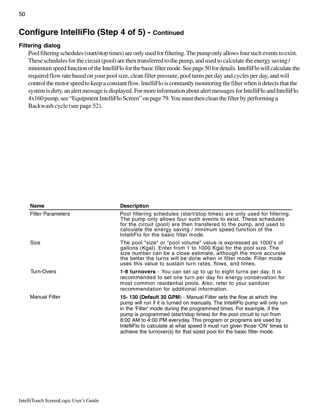 Pentair Intellitouch ScreenLogic manual Filtering dialog 