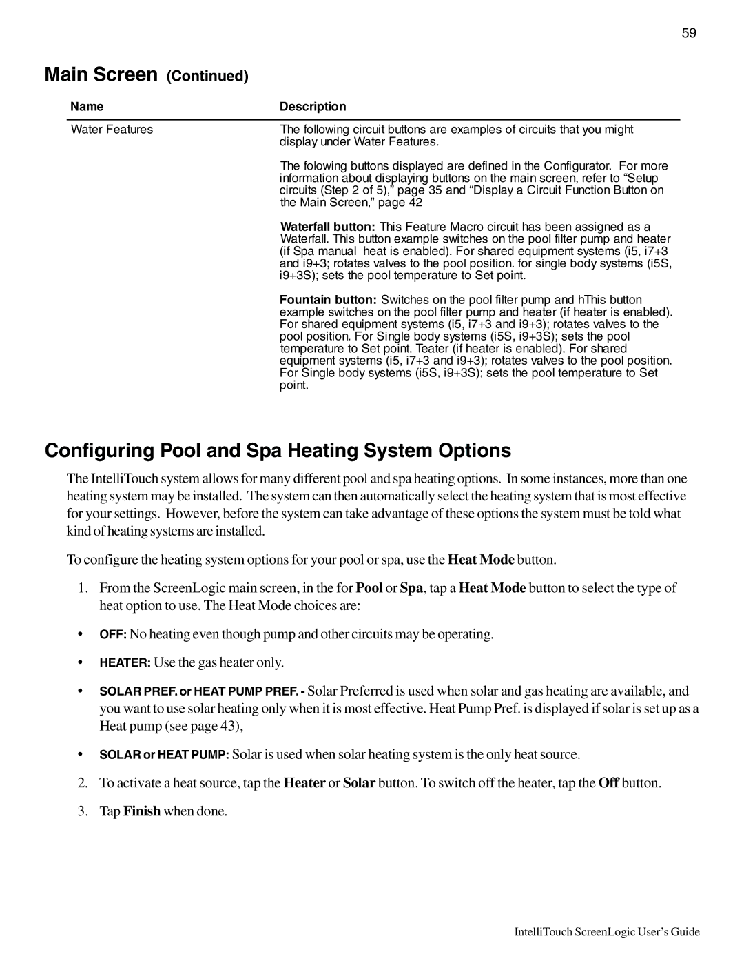 Pentair Intellitouch ScreenLogic manual Configuring Pool and Spa Heating System Options 