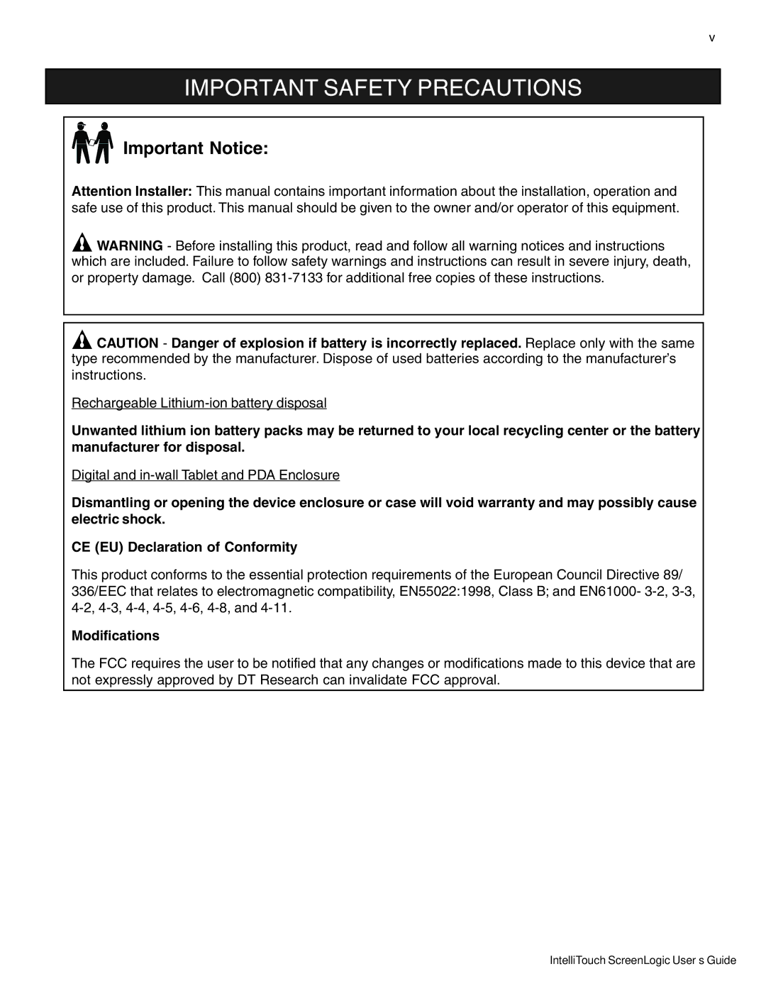 Pentair Intellitouch ScreenLogic manual Important Safety Precautions 