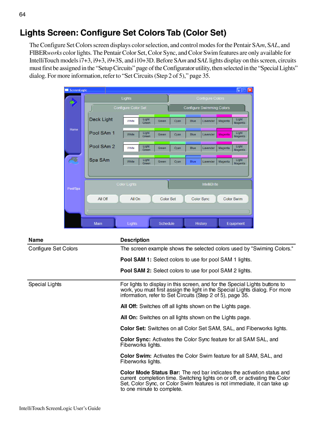 Pentair Intellitouch ScreenLogic manual Lights Screen Configure Set Colors Tab Color Set, Name Description 