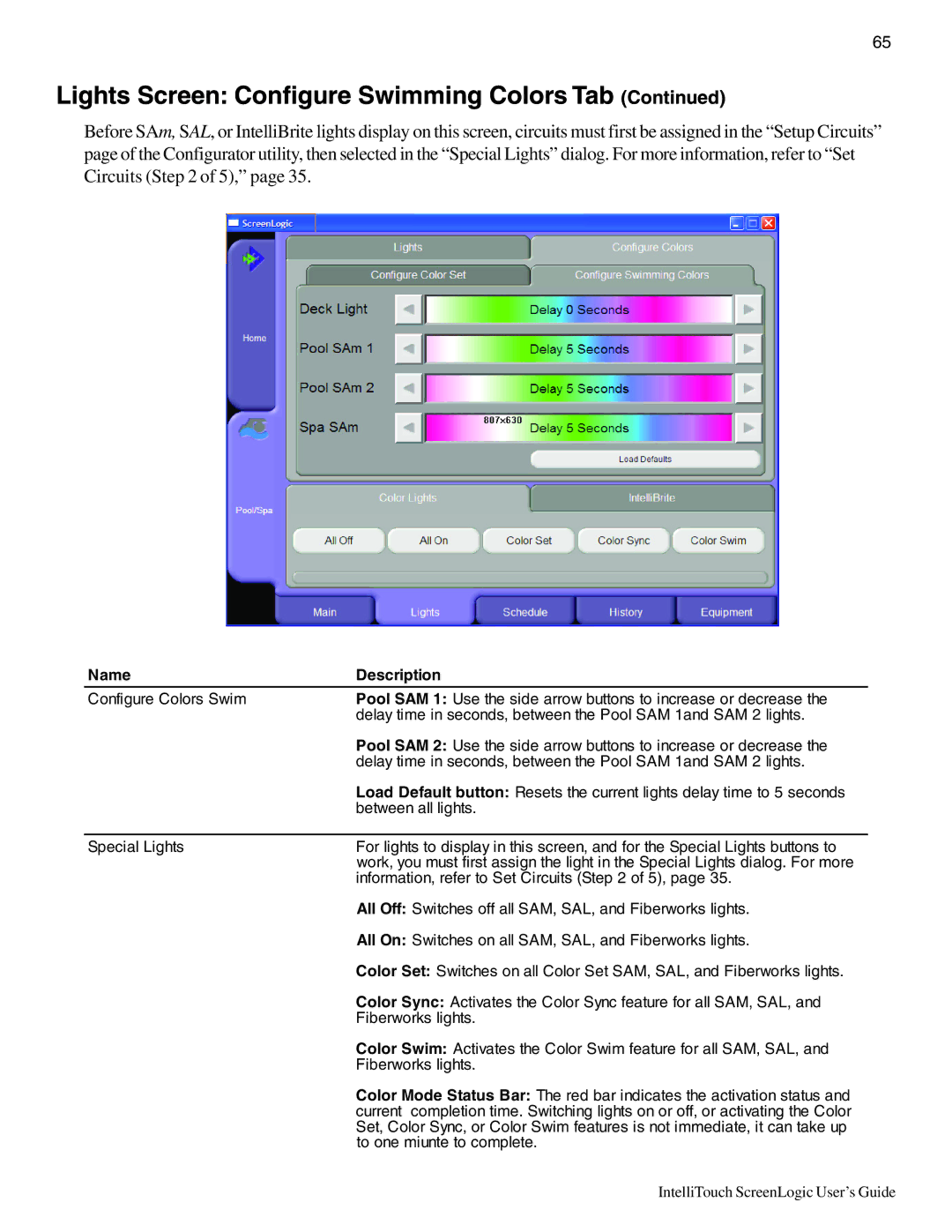 Pentair Intellitouch ScreenLogic manual Lights Screen Configure Swimming Colors Tab 