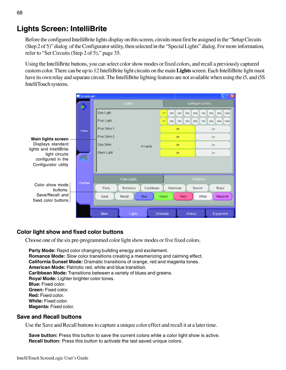 Pentair Intellitouch ScreenLogic manual Lights Screen IntelliBrite, Color light show and fixed color buttons 