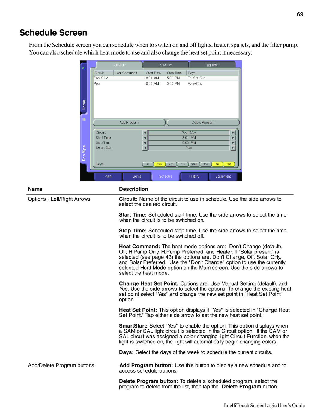 Pentair Intellitouch ScreenLogic manual Schedule Screen 