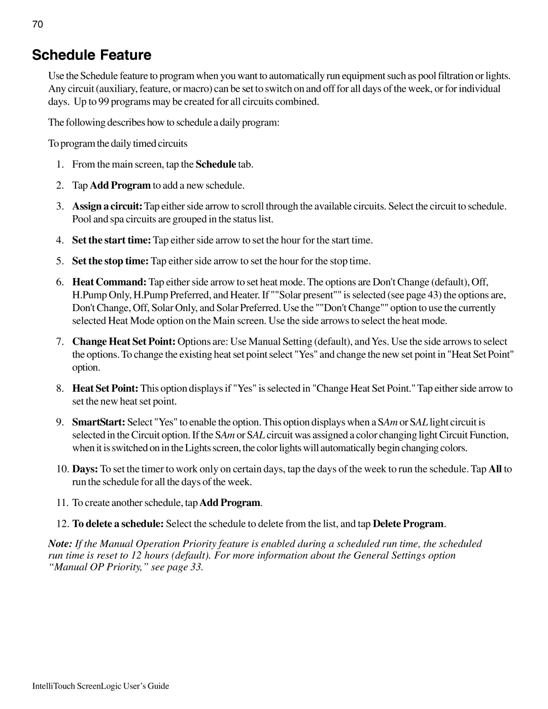Pentair Intellitouch ScreenLogic manual Schedule Feature 