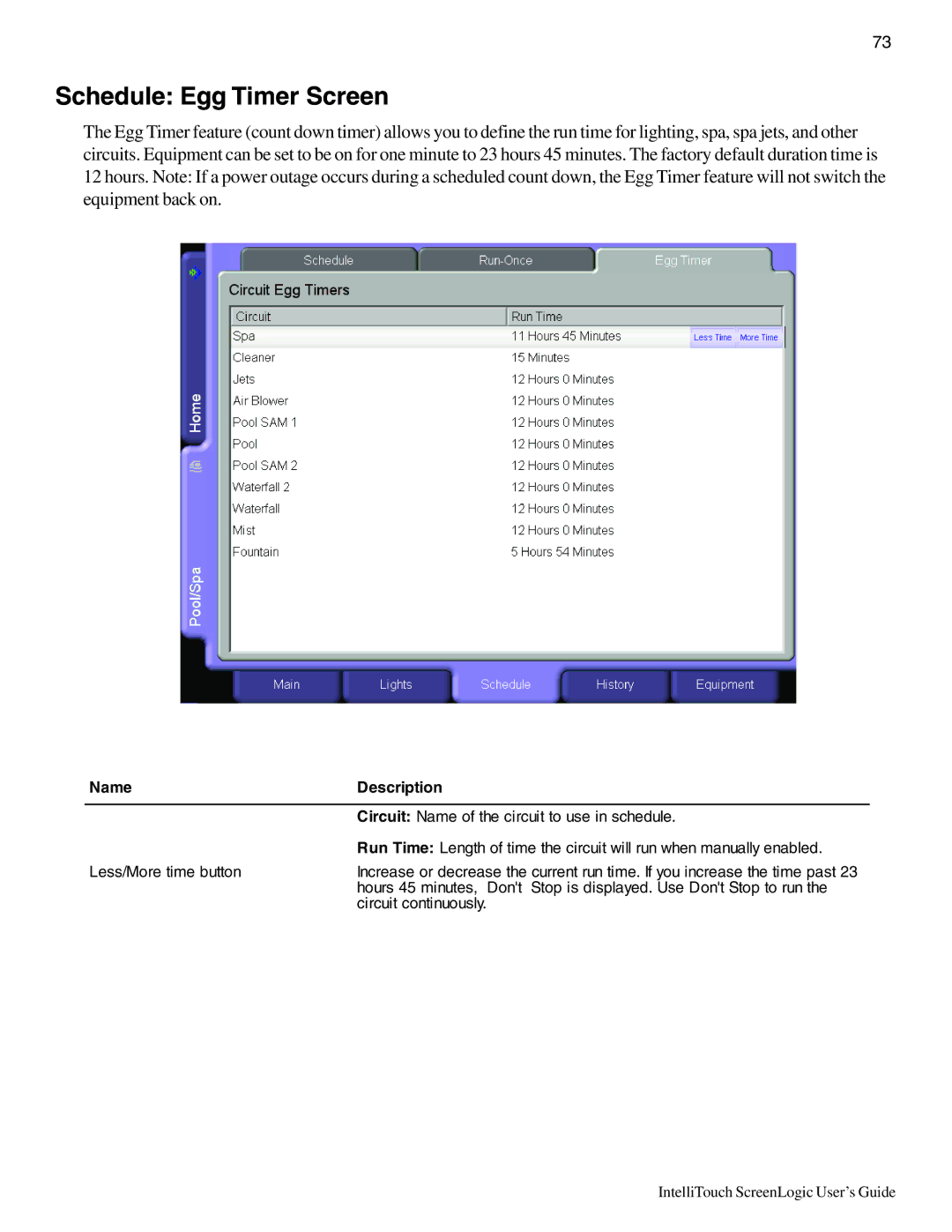 Pentair Intellitouch ScreenLogic manual Schedule Egg Timer Screen 