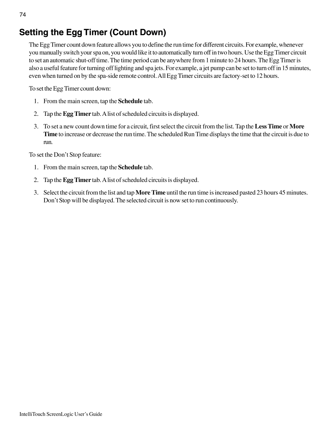 Pentair Intellitouch ScreenLogic manual Setting the Egg Timer Count Down 
