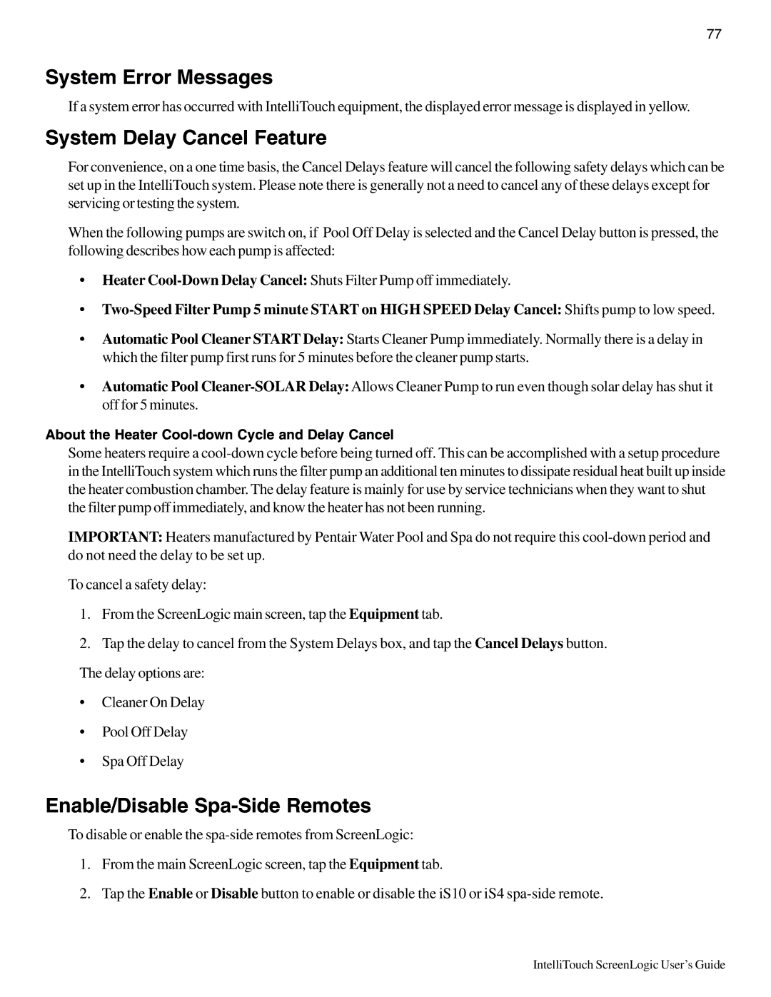 Pentair Intellitouch ScreenLogic manual System Error Messages, System Delay Cancel Feature, Enable/Disable Spa-Side Remotes 