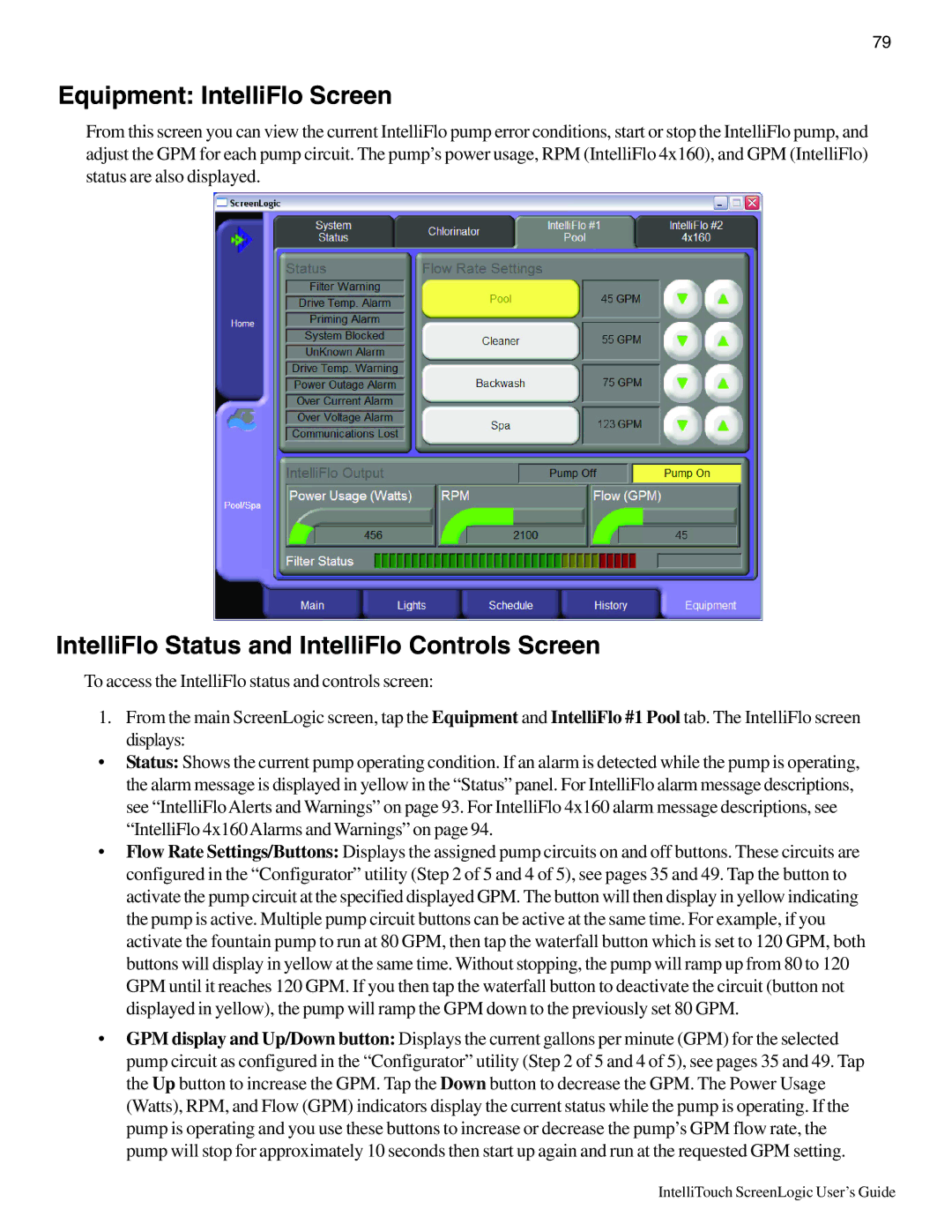 Pentair Intellitouch ScreenLogic manual Equipment IntelliFlo Screen, IntelliFlo Status and IntelliFlo Controls Screen 