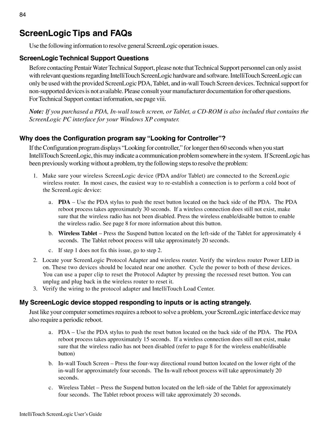 Pentair Intellitouch ScreenLogic manual ScreenLogic Tips and FAQs, ScreenLogic Technical Support Questions 