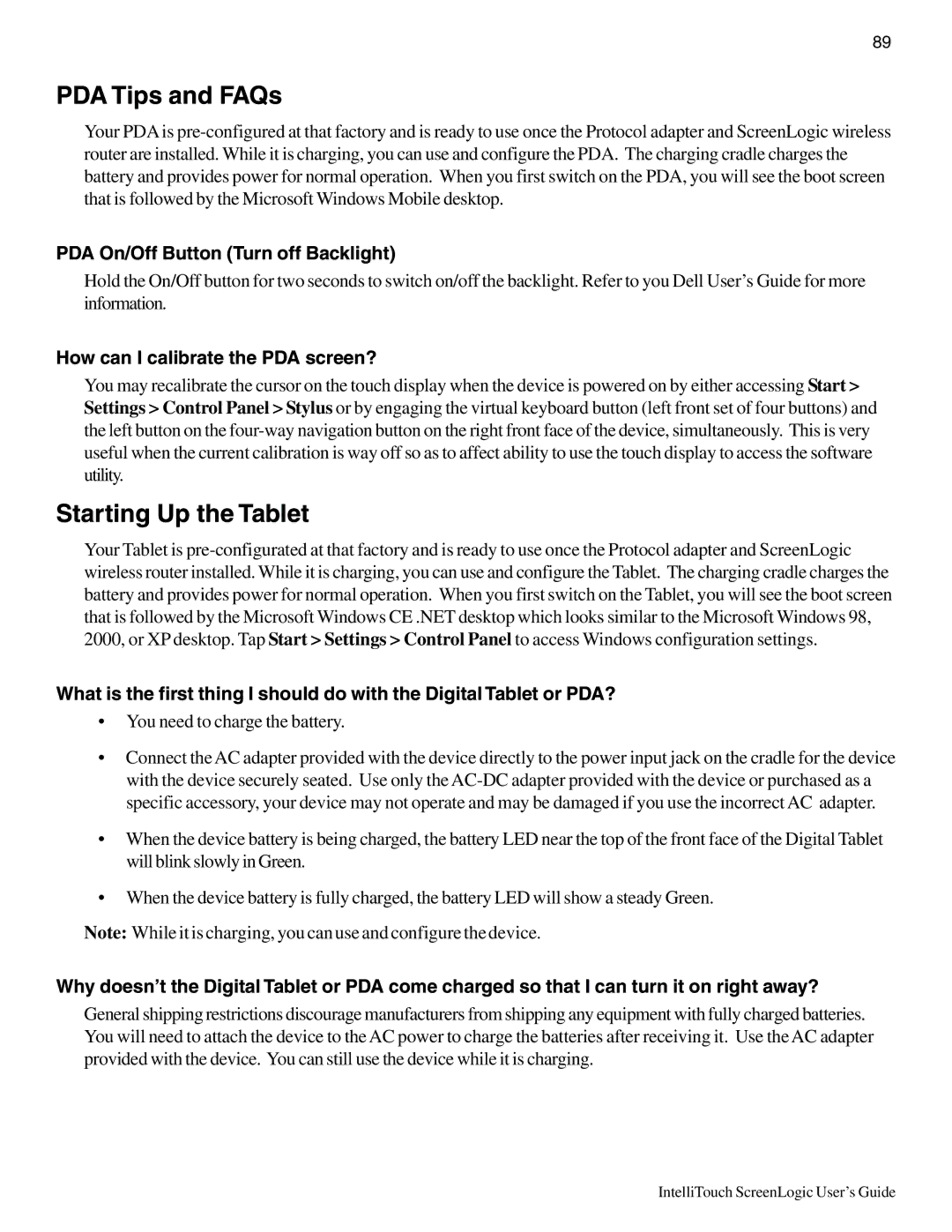 Pentair Intellitouch ScreenLogic manual PDA Tips and FAQs, Starting Up the Tablet, PDA On/Off Button Turn off Backlight 