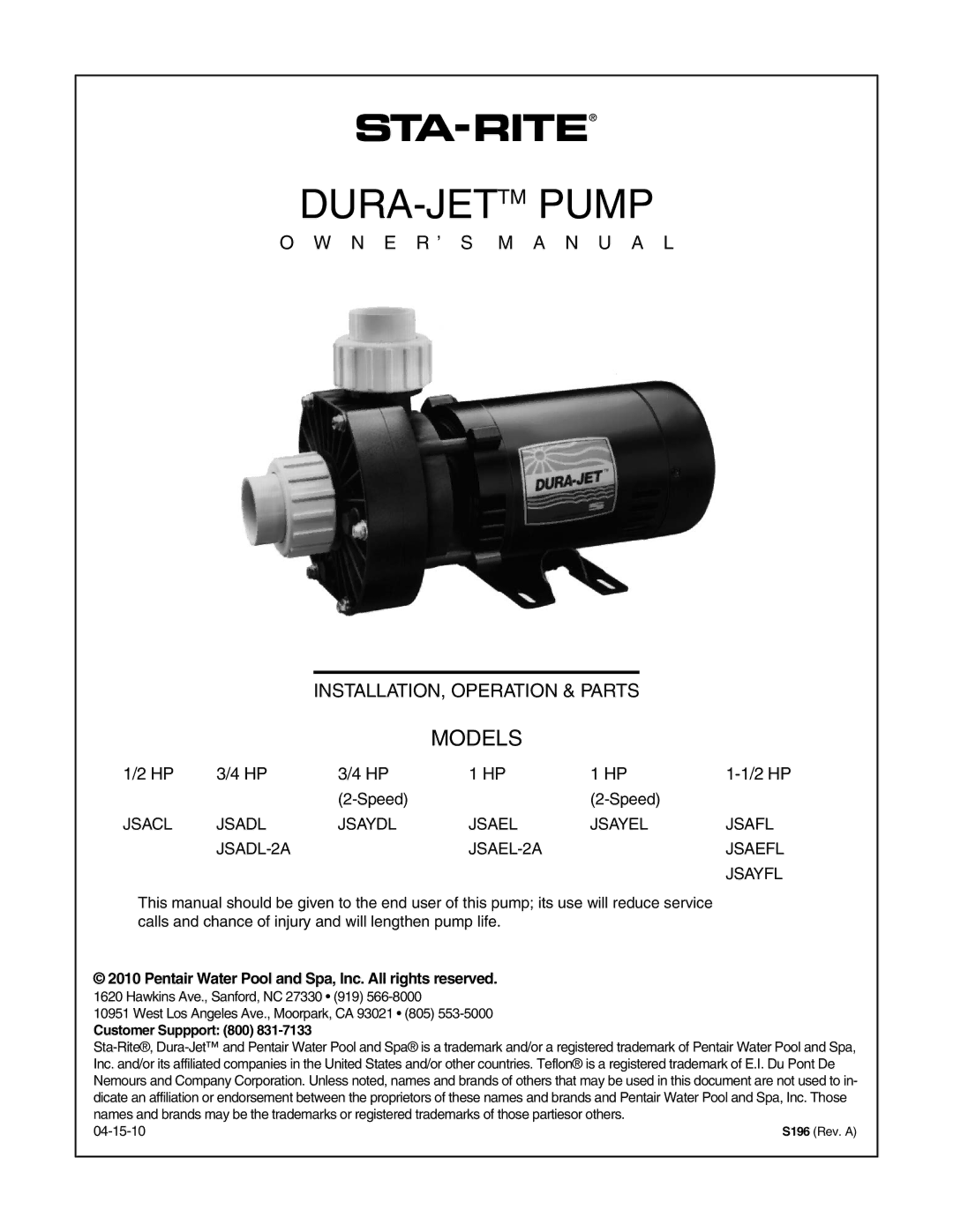 Pentair JSAYDL owner manual Dura-Jettmpump, N E R ’ S M a N U a L 