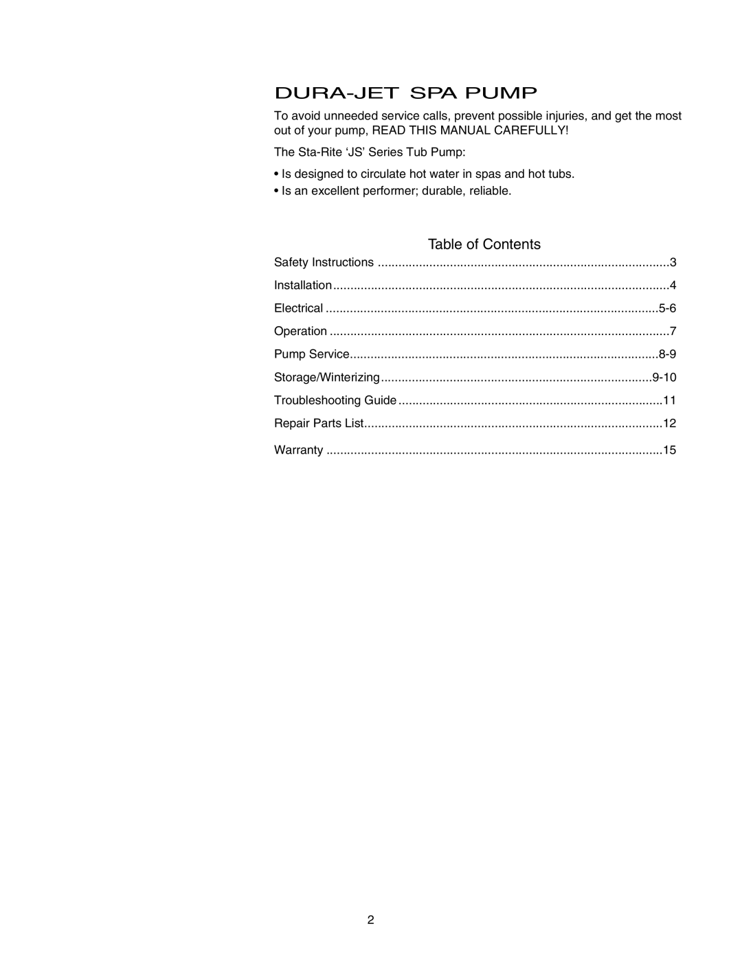 Pentair JSAYDL owner manual DURA-JET SPA Pump, Table of Contents 