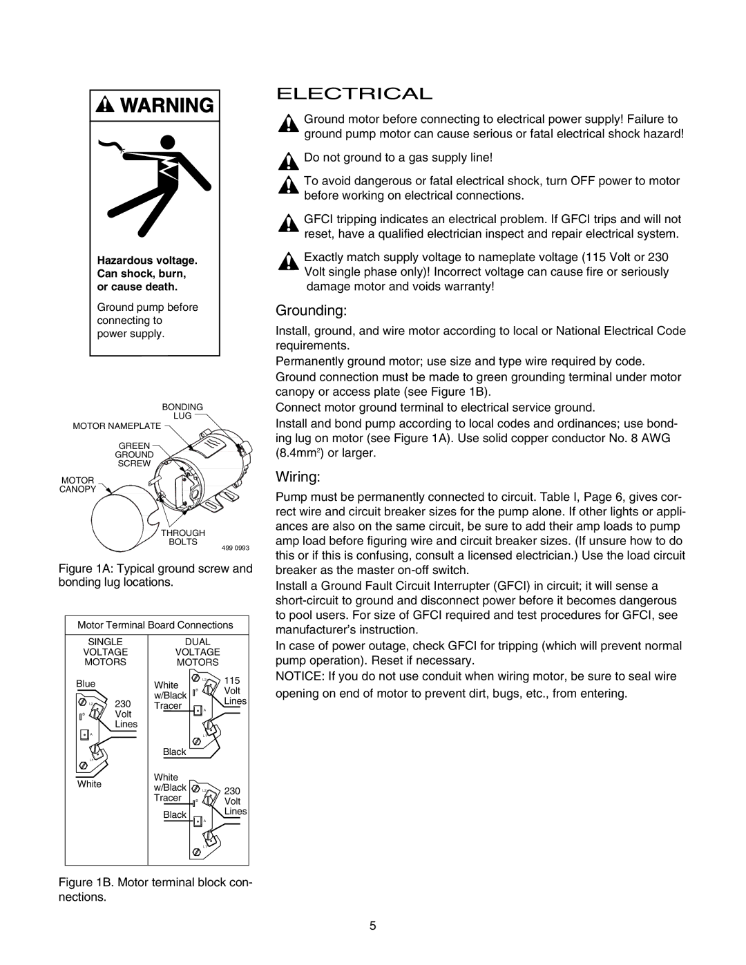 Pentair JSAYDL owner manual Electrical, Grounding, Wiring 