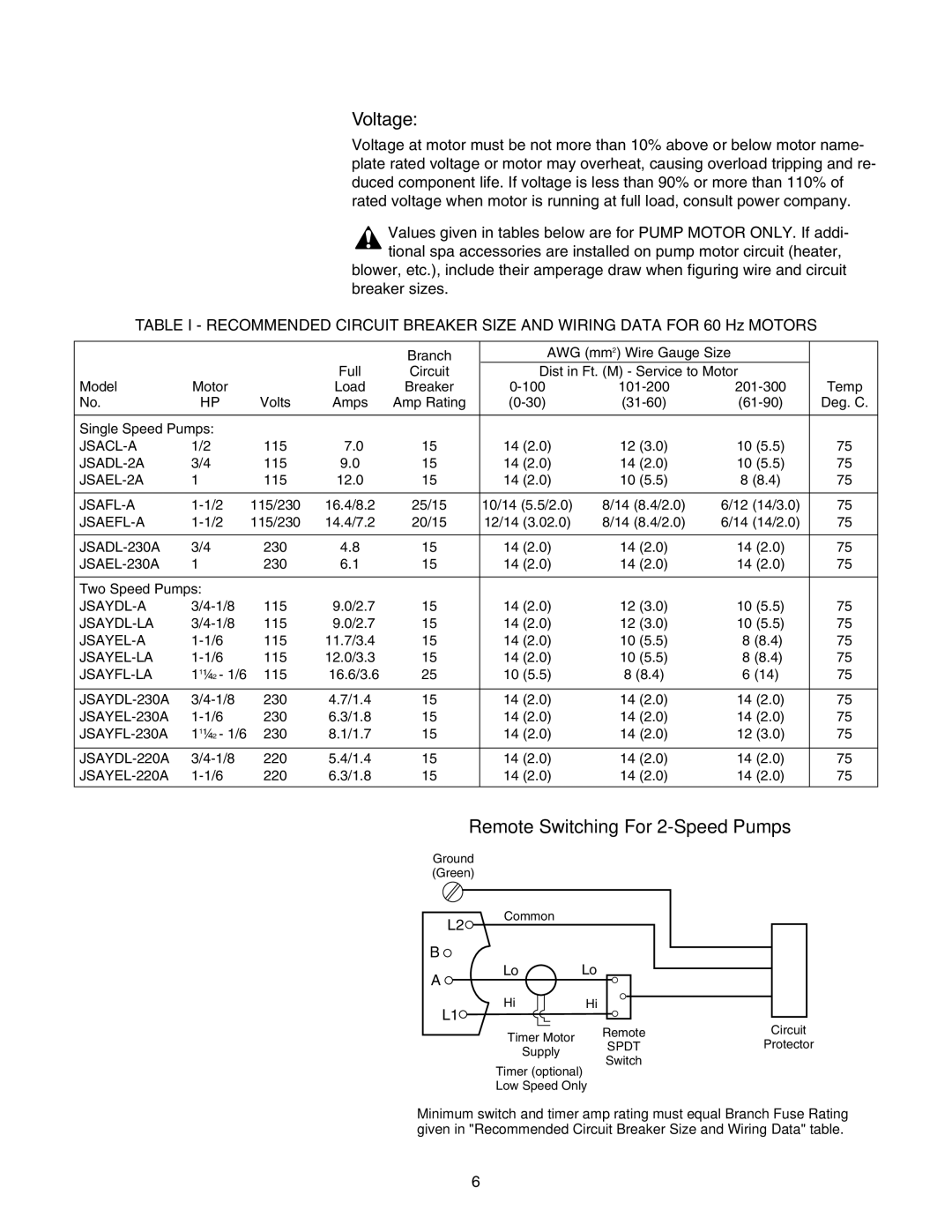 Pentair JSAYDL owner manual Voltage, Remote Switching For 2-Speed Pumps 