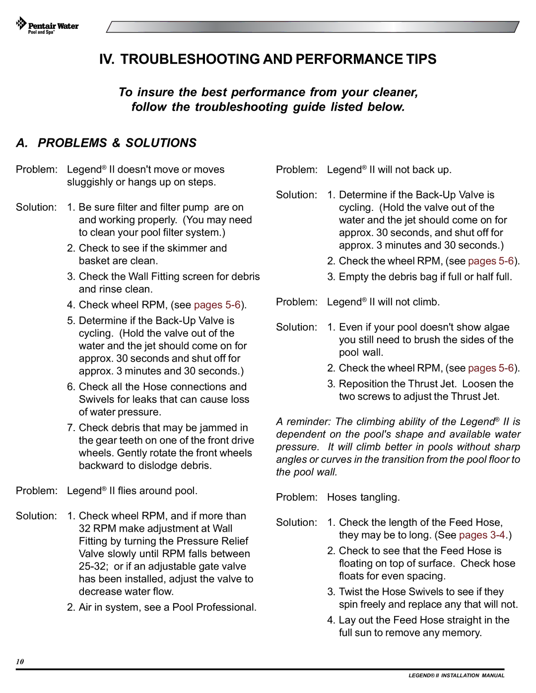 Pentair Legend II installation manual IV. Troubleshooting and Performance Tips 