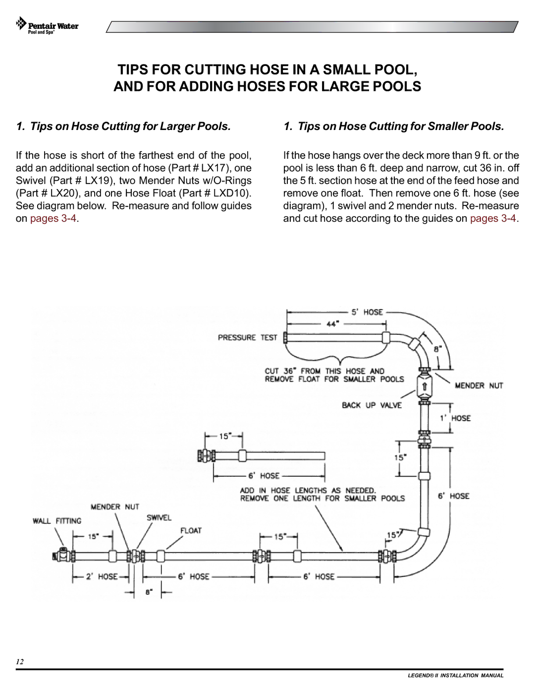 Pentair Legend II installation manual Tips on Hose Cutting for Larger Pools, Tips on Hose Cutting for Smaller Pools 