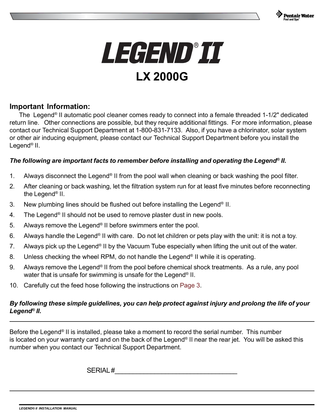 Pentair Legend II installation manual Important Information, Serial # 