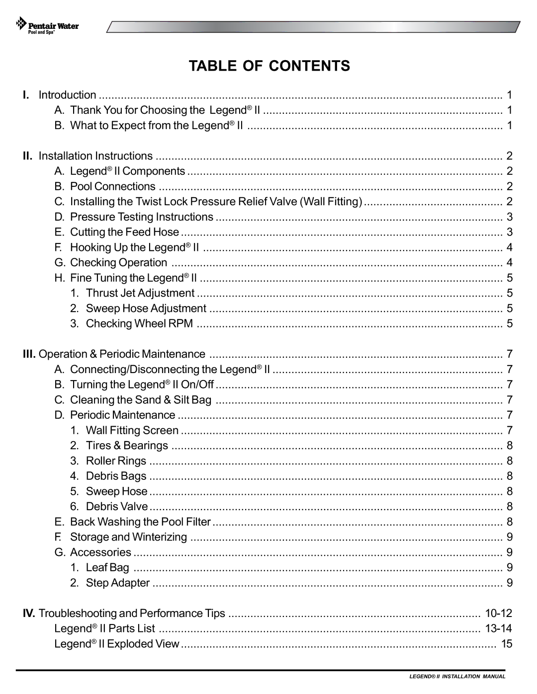 Pentair Legend II installation manual Table of Contents 