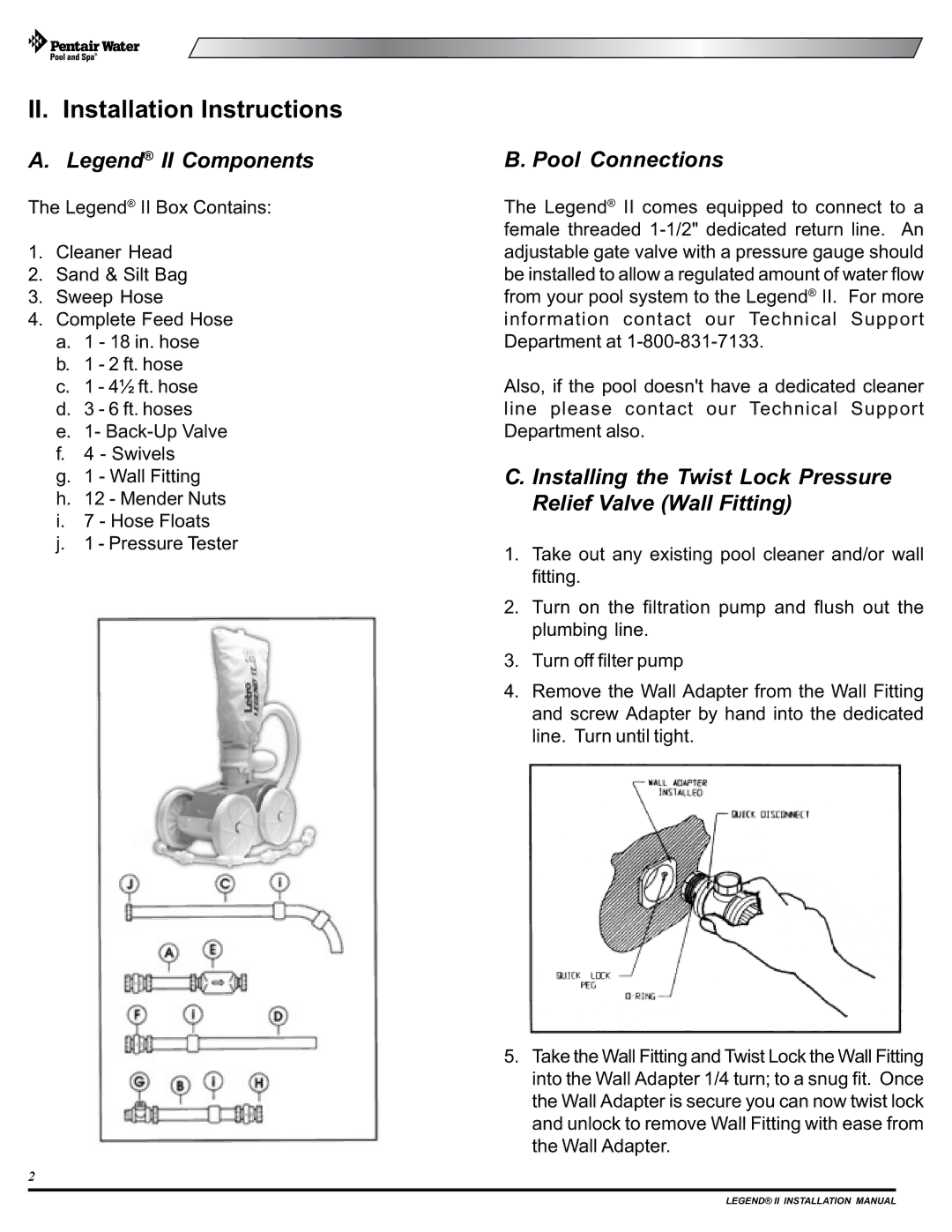 Pentair Legend II installation manual Pool Connections, Installing the Twist Lock Pressure Relief Valve Wall Fitting 