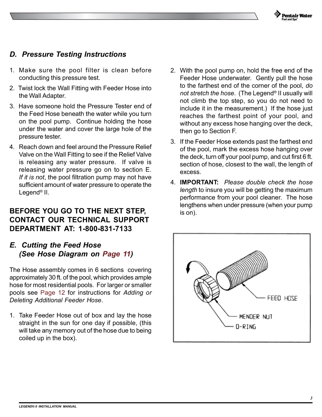 Pentair Legend II installation manual Pressure Testing Instructions, Cutting the Feed Hose See Hose Diagram on 