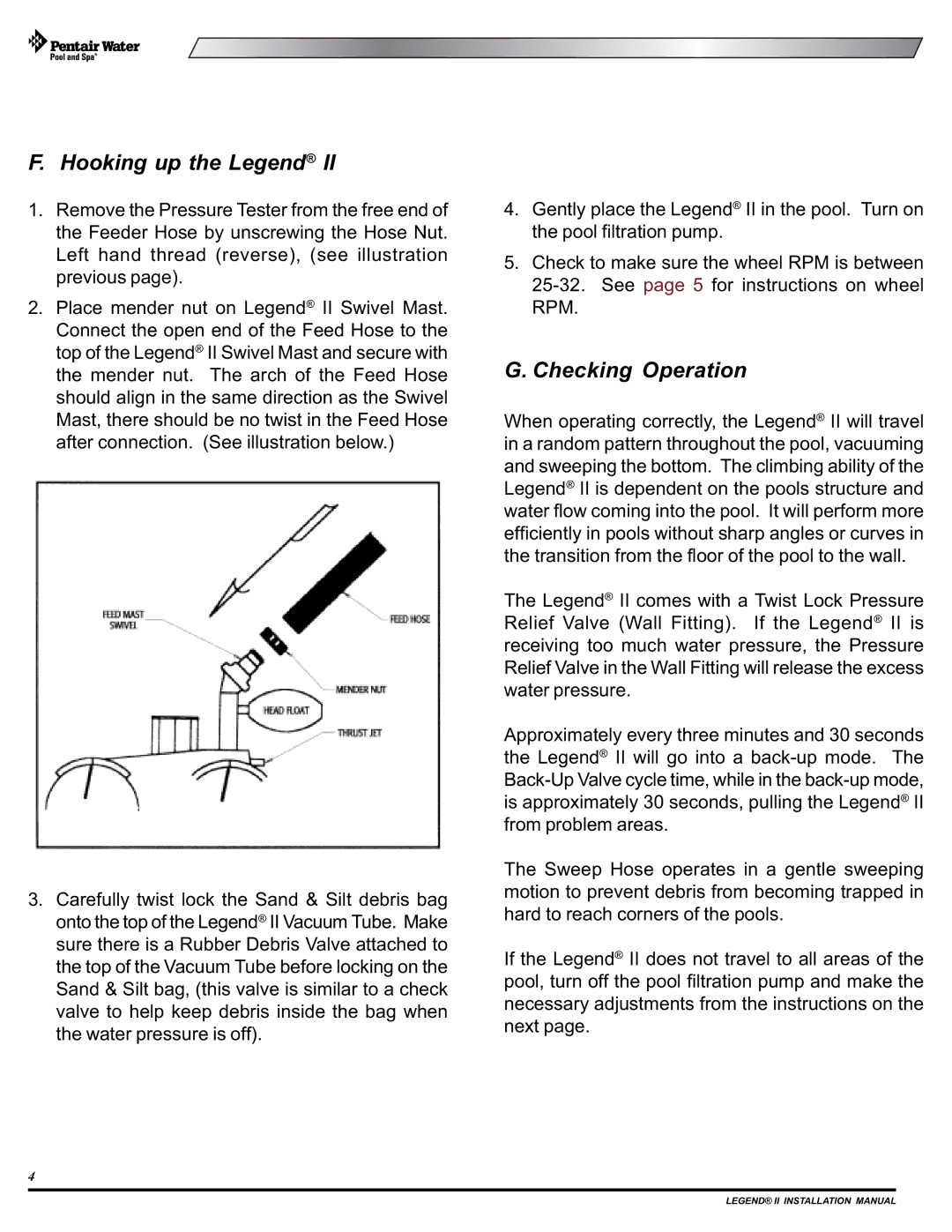 Pentair Legend II installation manual Hooking up the Legend, Checking Operation 