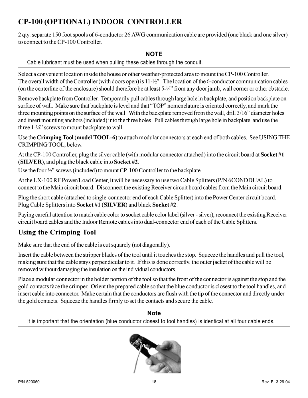 Pentair LX-100EZ owner manual CP-100 Optional Indoor Controller, Using the Crimping Tool 