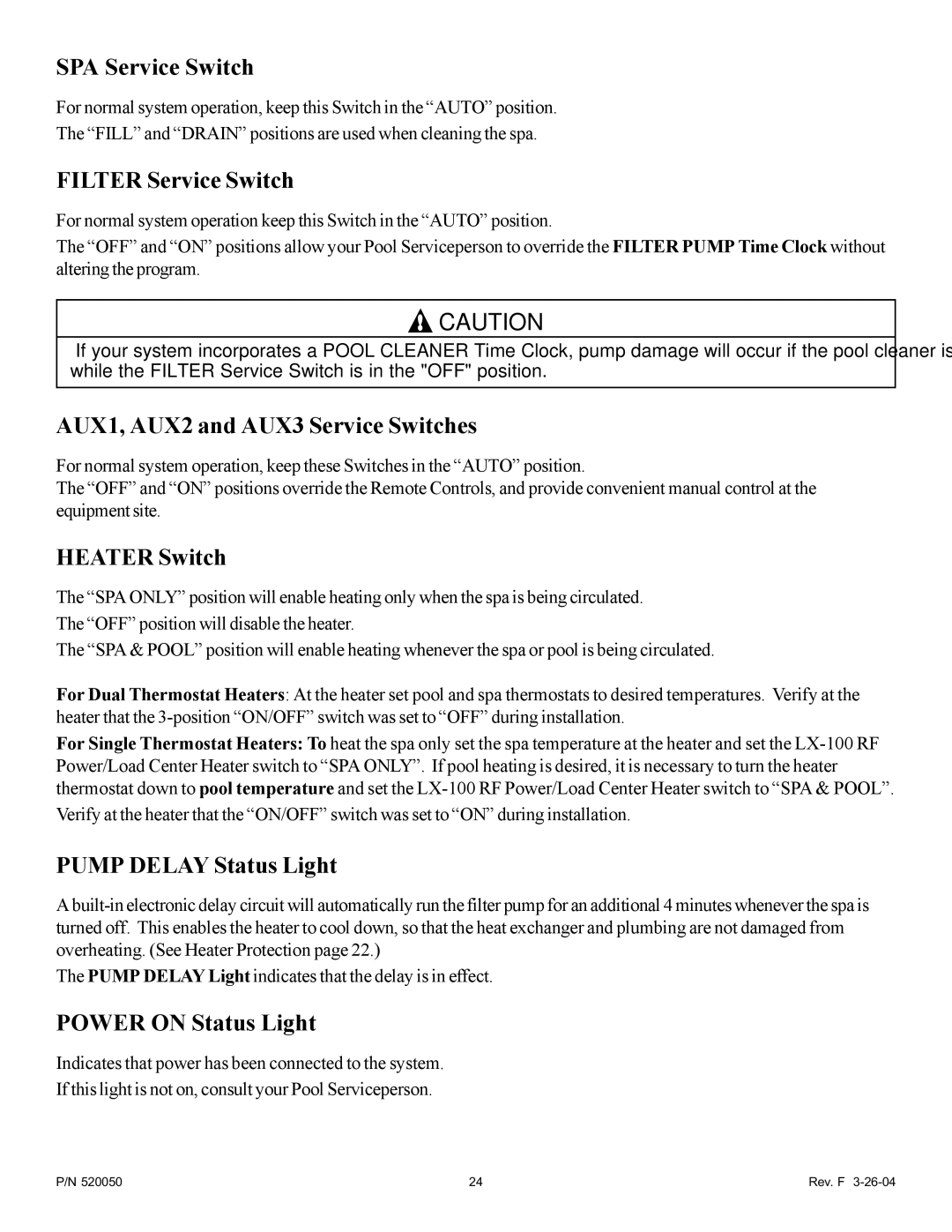 Pentair LX-100EZ owner manual SPA Service Switch 