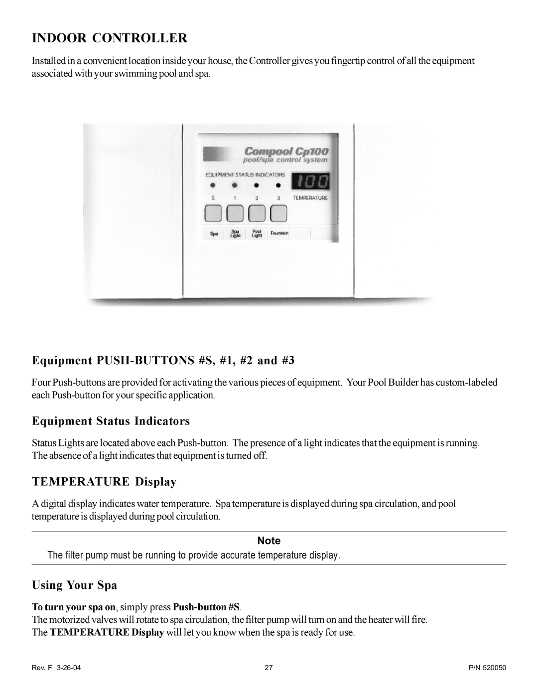 Pentair LX-100EZ owner manual Indoor Controller, Equipment PUSH-BUTTONS #S, #1, #2 and #3 