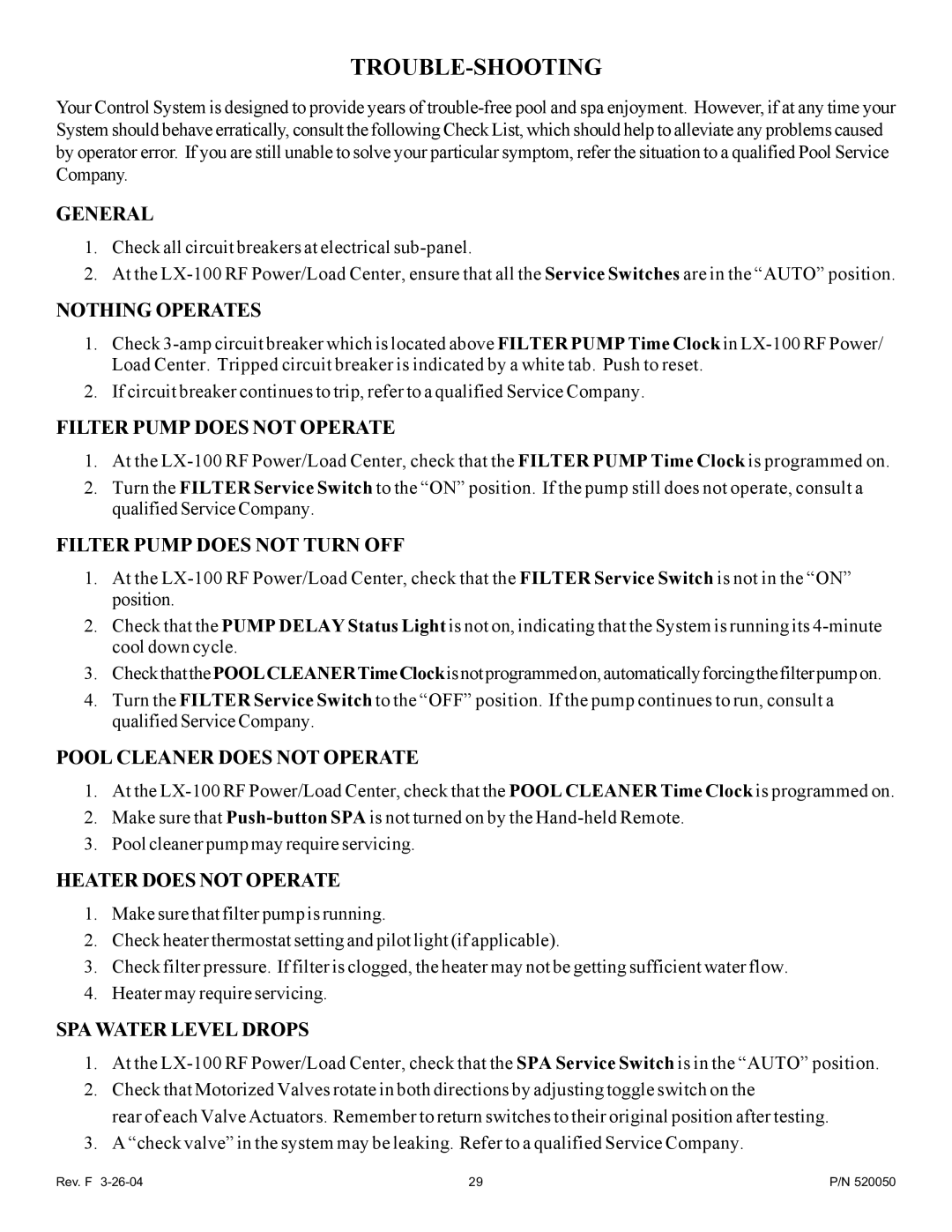 Pentair LX-100EZ owner manual Trouble-Shooting, General 