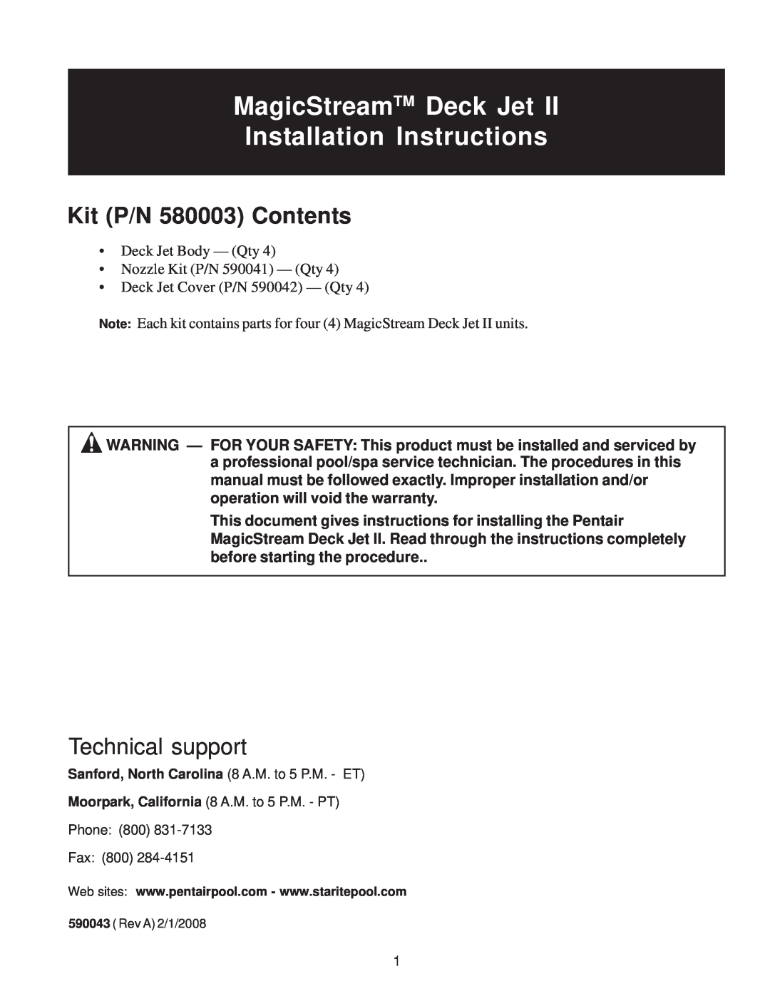 Pentair installation instructions Kit P/N 580003 Contents, MagicStreamTM Deck Jet Installation Instructions 