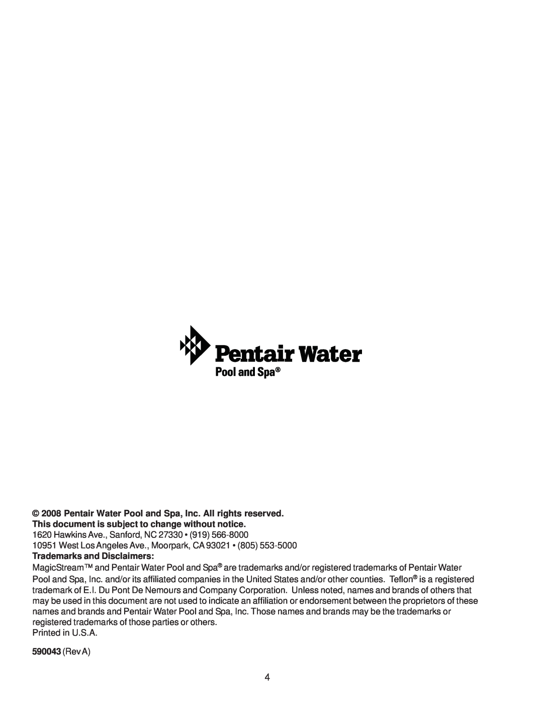 Pentair MagicStream installation instructions Trademarks and Disclaimers, Rev A 