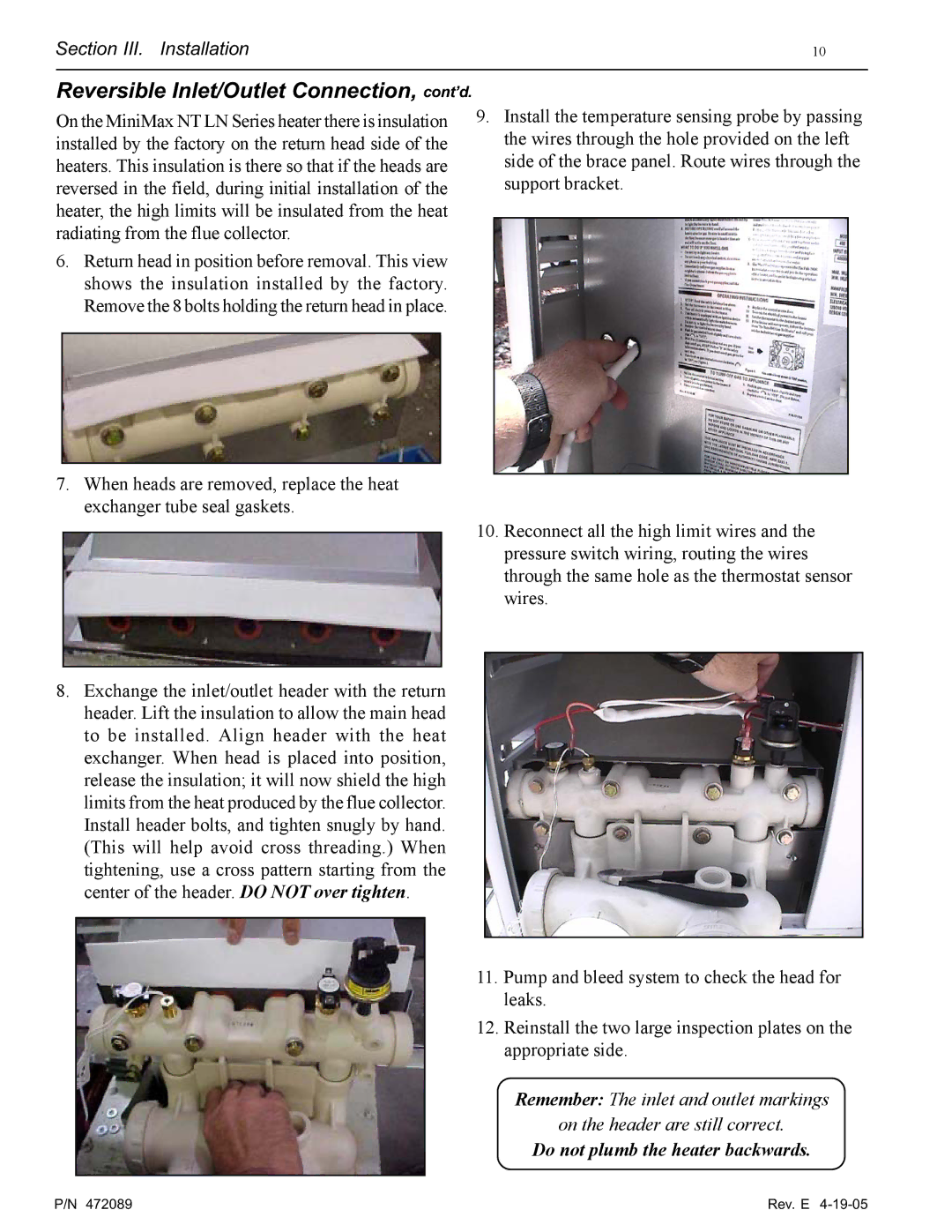 Pentair MiniMax NT LN installation manual Reversible Inlet/Outlet Connection, cont’d 