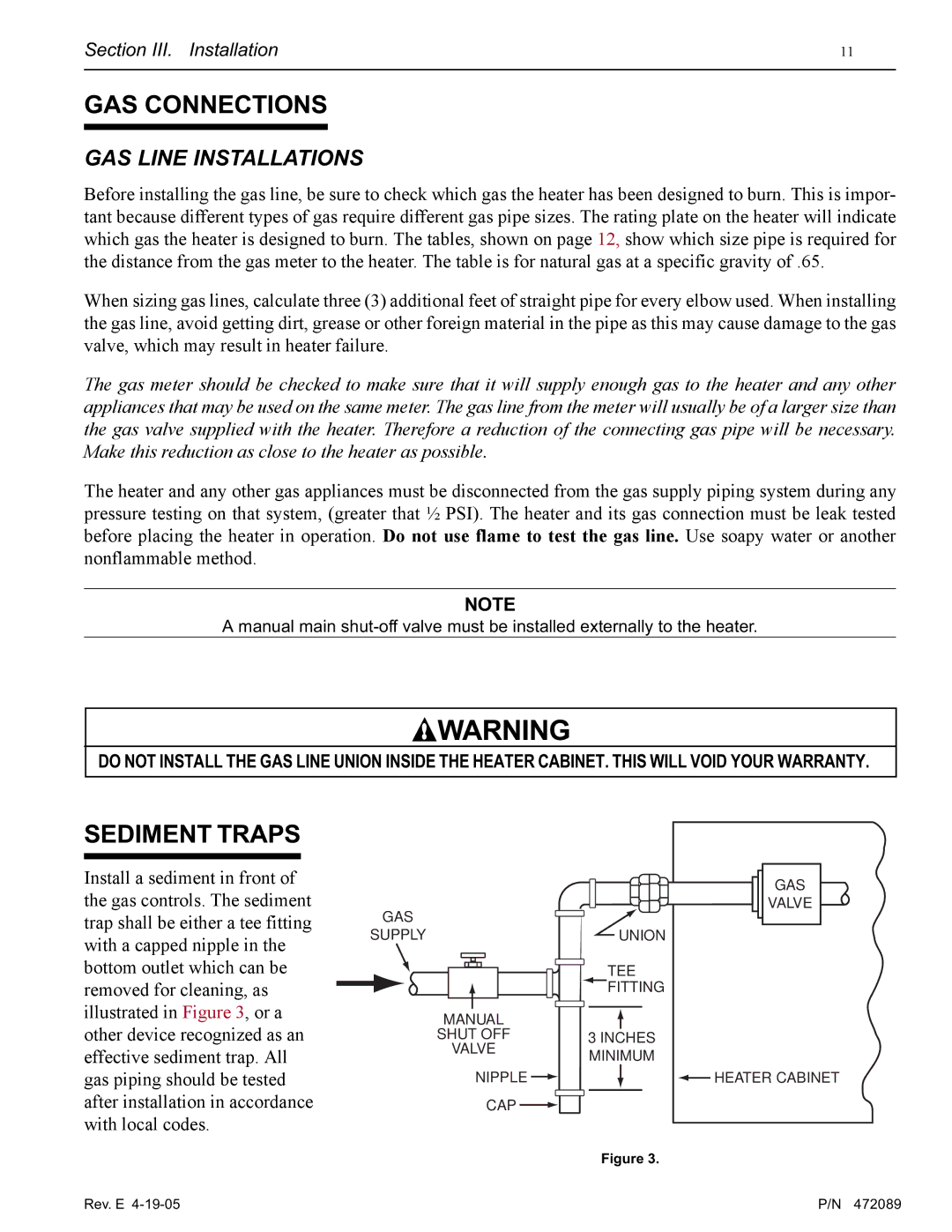 Pentair MiniMax NT LN installation manual GAS Connections, Sediment Traps, GAS Line Installations 