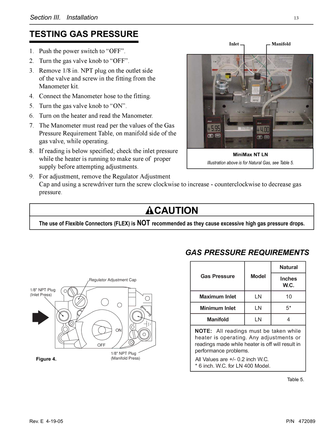 Pentair MiniMax NT LN installation manual Testing GAS Pressure, GAS Pressure Requirements 