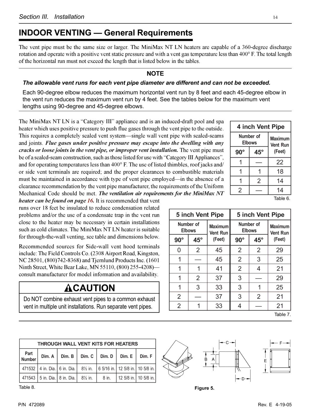 Pentair MiniMax NT LN installation manual Indoor Venting General Requirements 