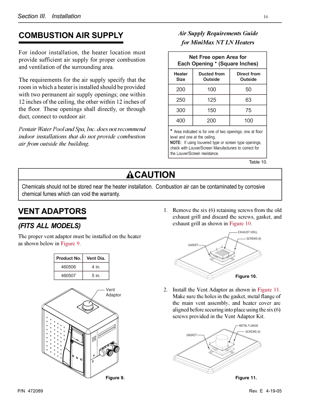 Pentair MiniMax NT LN installation manual Combustion AIR Supply, Vent Adaptors, Fits ALL Models 