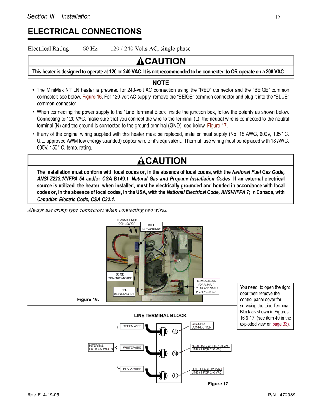 Pentair MiniMax NT LN installation manual Electrical Connections, Electrical Rating 60 Hz 120 / 240 Volts AC, single phase 