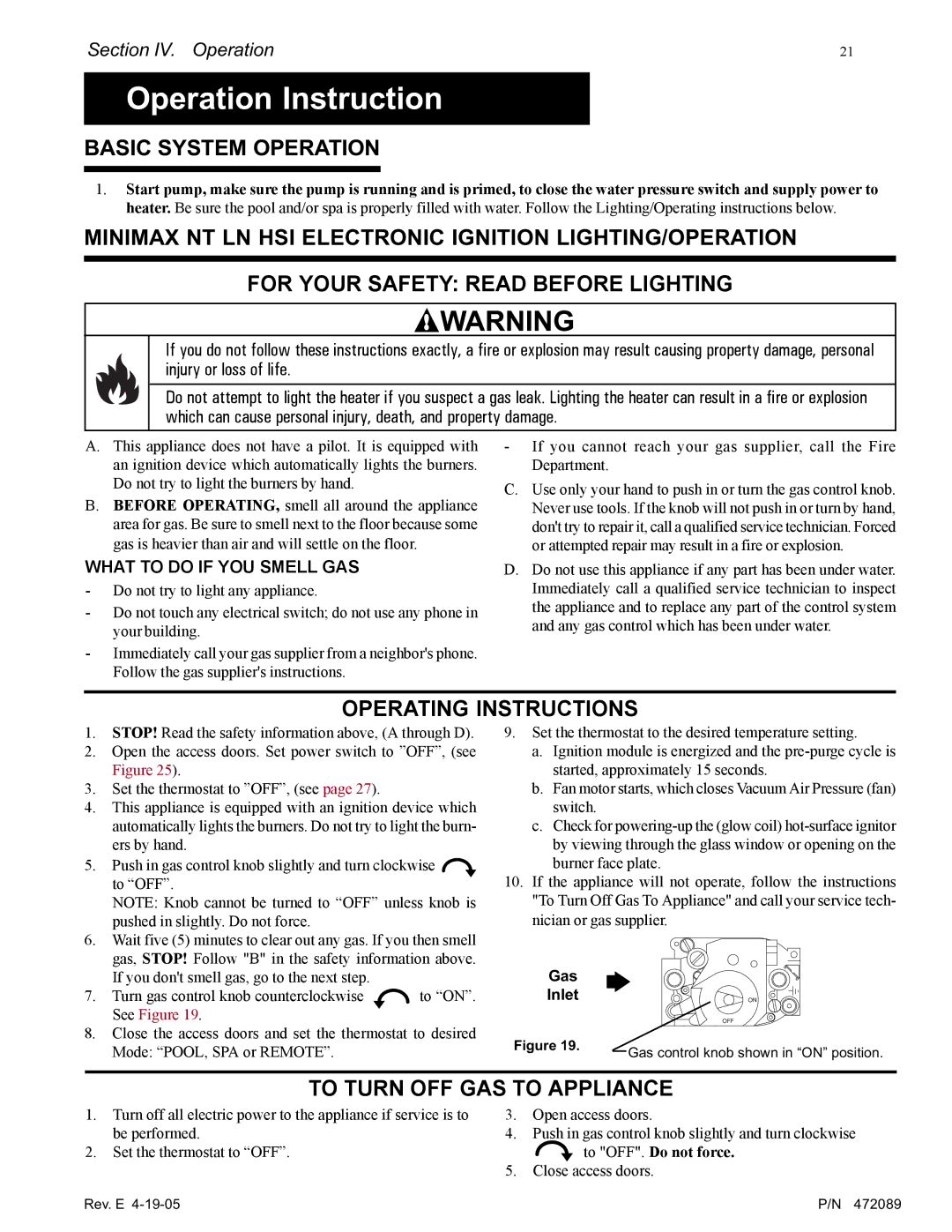 Pentair MiniMax NT LN installation manual Basic System Operation, Minimax NT LN HSI Electronic Ignition LIGHTING/OPERATION 