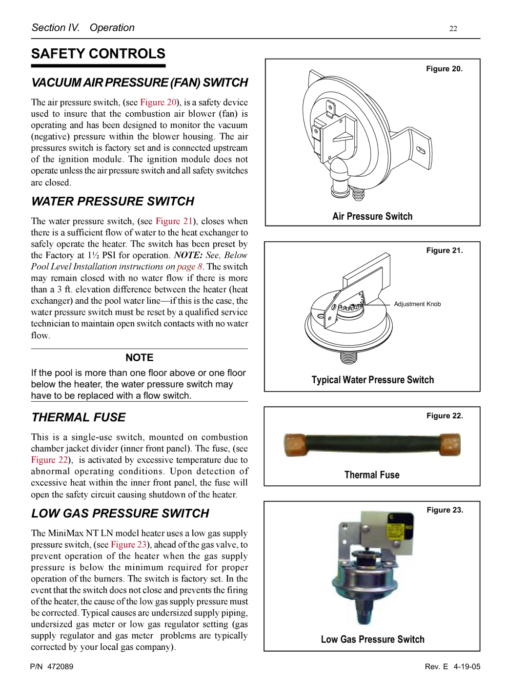 Pentair MiniMax NT LN Safety Controls, Vacuum AIR Pressure FAN Switch, Water Pressure Switch, Thermal Fuse 