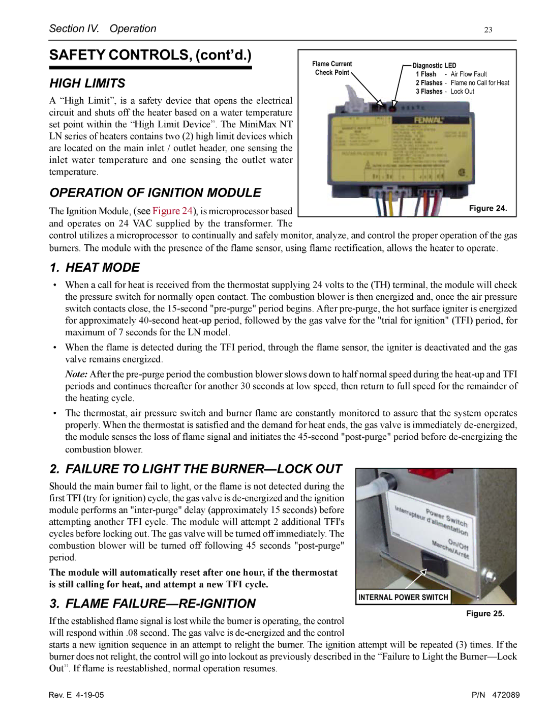 Pentair MiniMax NT LN High Limits, Operation of Ignition Module, Heat Mode, Failure to Light the BURNER-LOCK OUT 