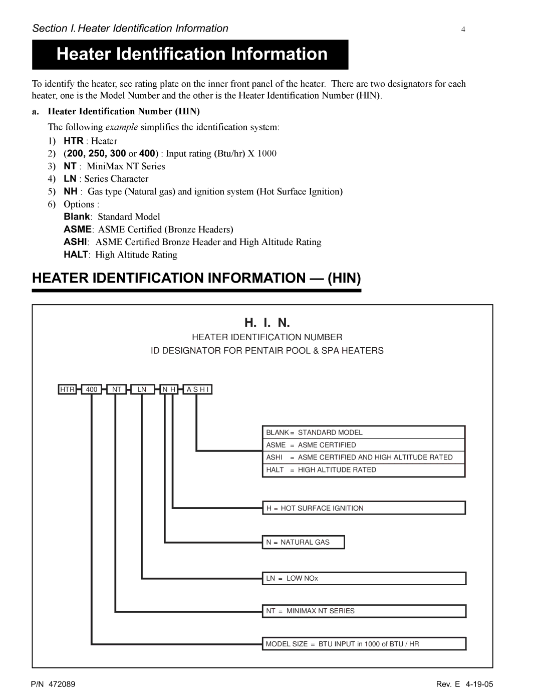 Pentair MiniMax NT LN installation manual Heater Identification Information HIN 