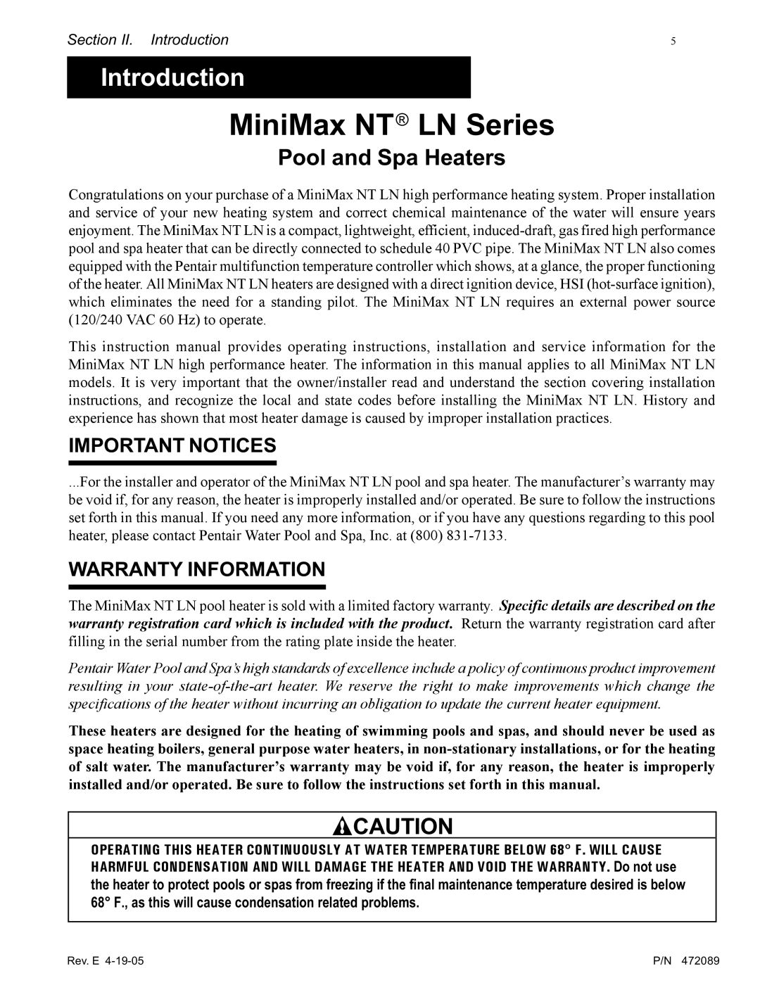 Pentair MiniMax NT LN installation manual Important Notices, Warranty Information 