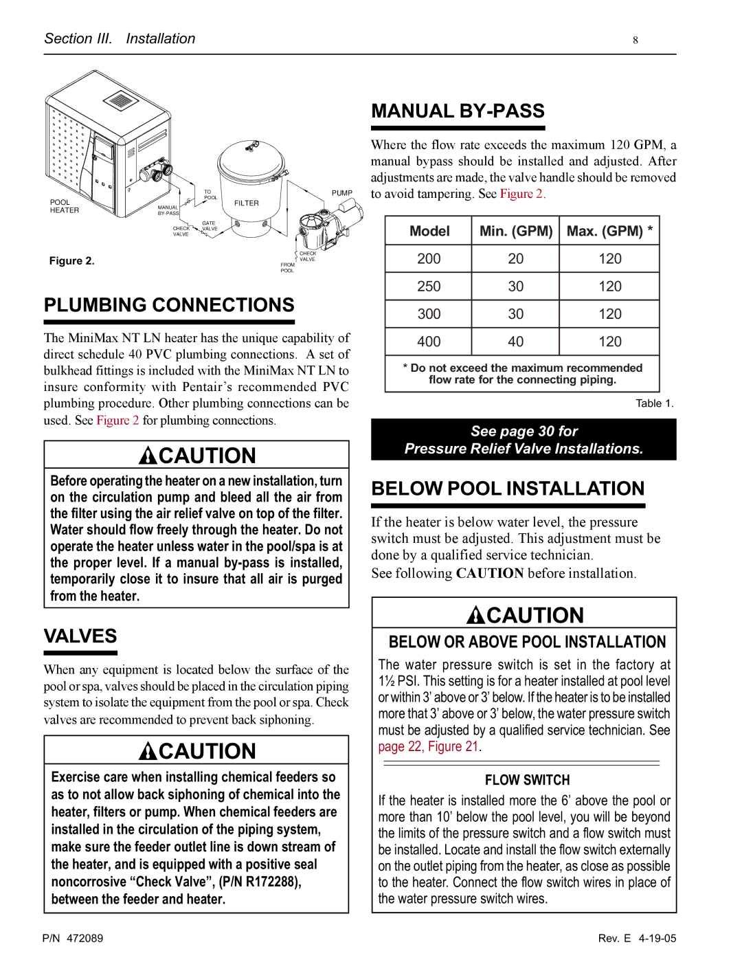 Pentair MiniMax NT LN installation manual Plumbing Connections, Valves, Manual BY-PASS, Below Pool Installation 