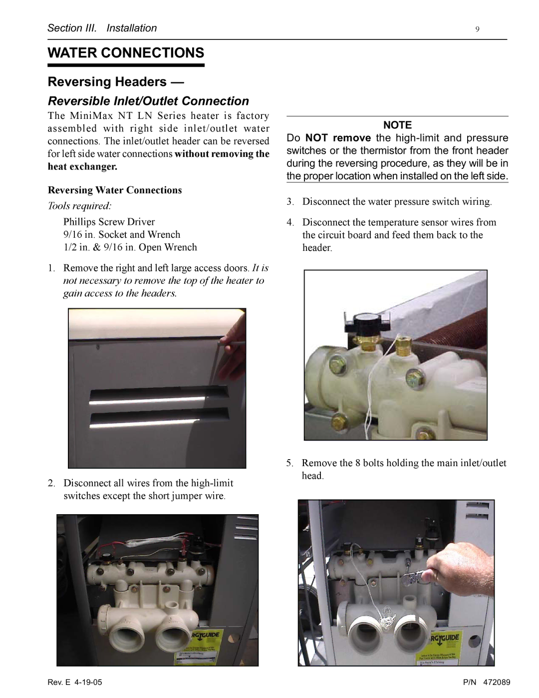 Pentair MiniMax NT LN installation manual Water Connections, Reversing Headers 